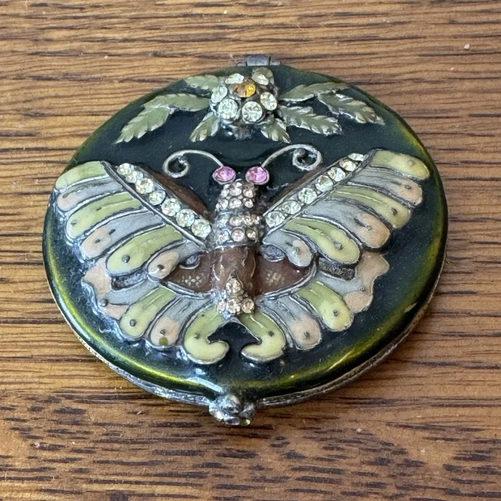 Vintage Butterfly Rhinestone Enamel Compact Mirror Green Round 3